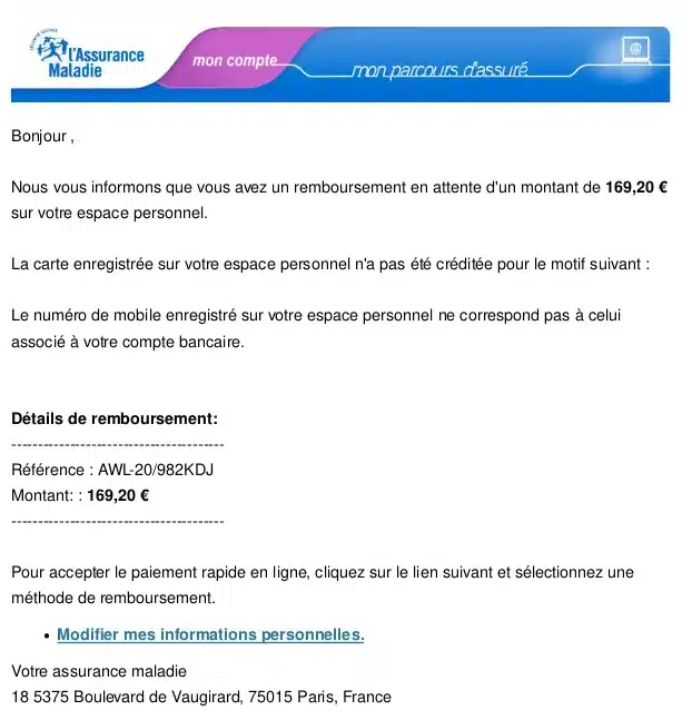 Message frauduleux aux couleurs de l'assurance Maladie sur le site internet cybermalveillance.gouv.fr