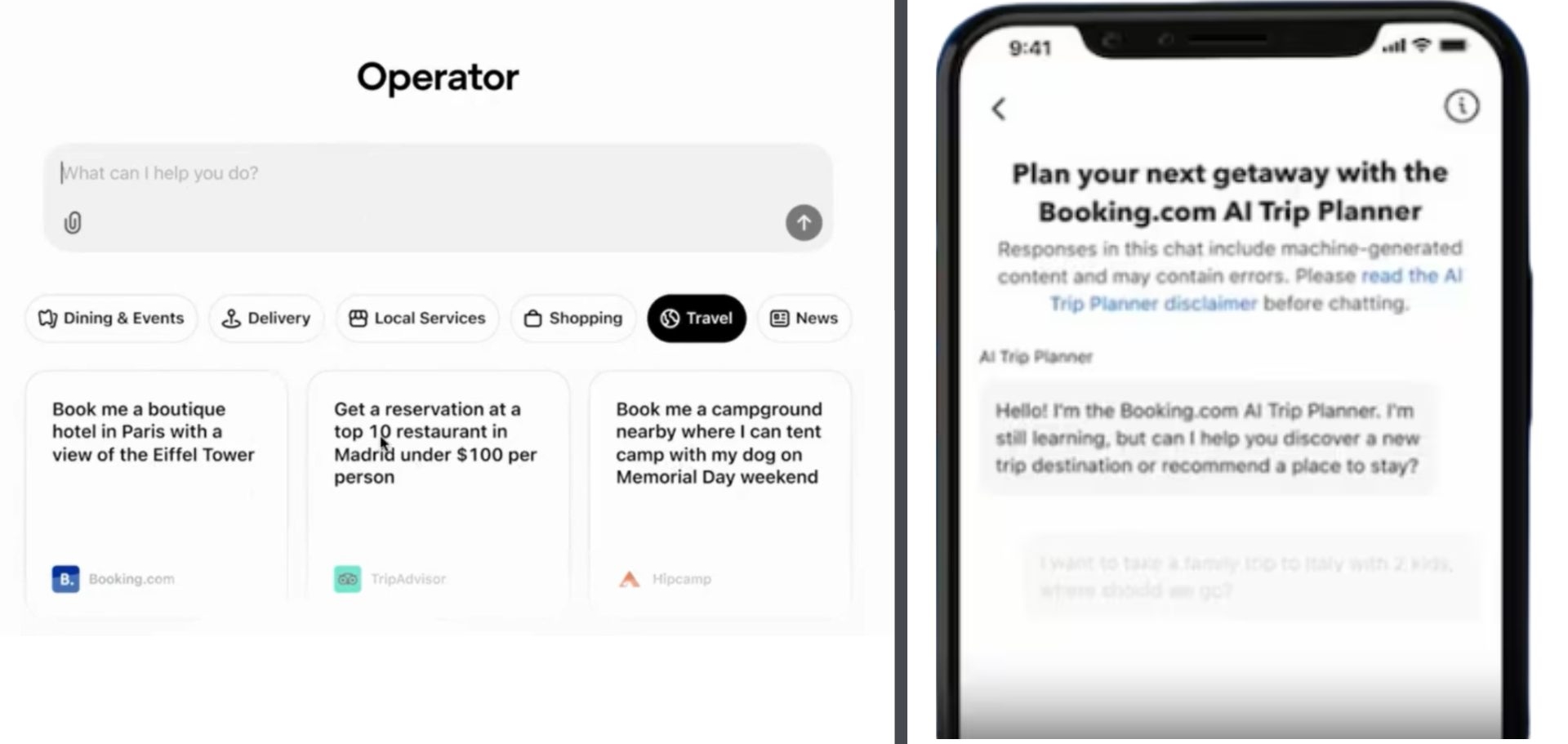 Captures d'Operator de ChatGPT et IA Trip Planner de Booking